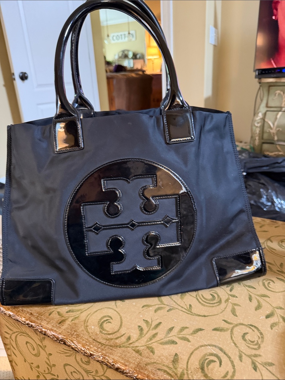 Tory Burch Large Black Nylon Tote with Patent Logo